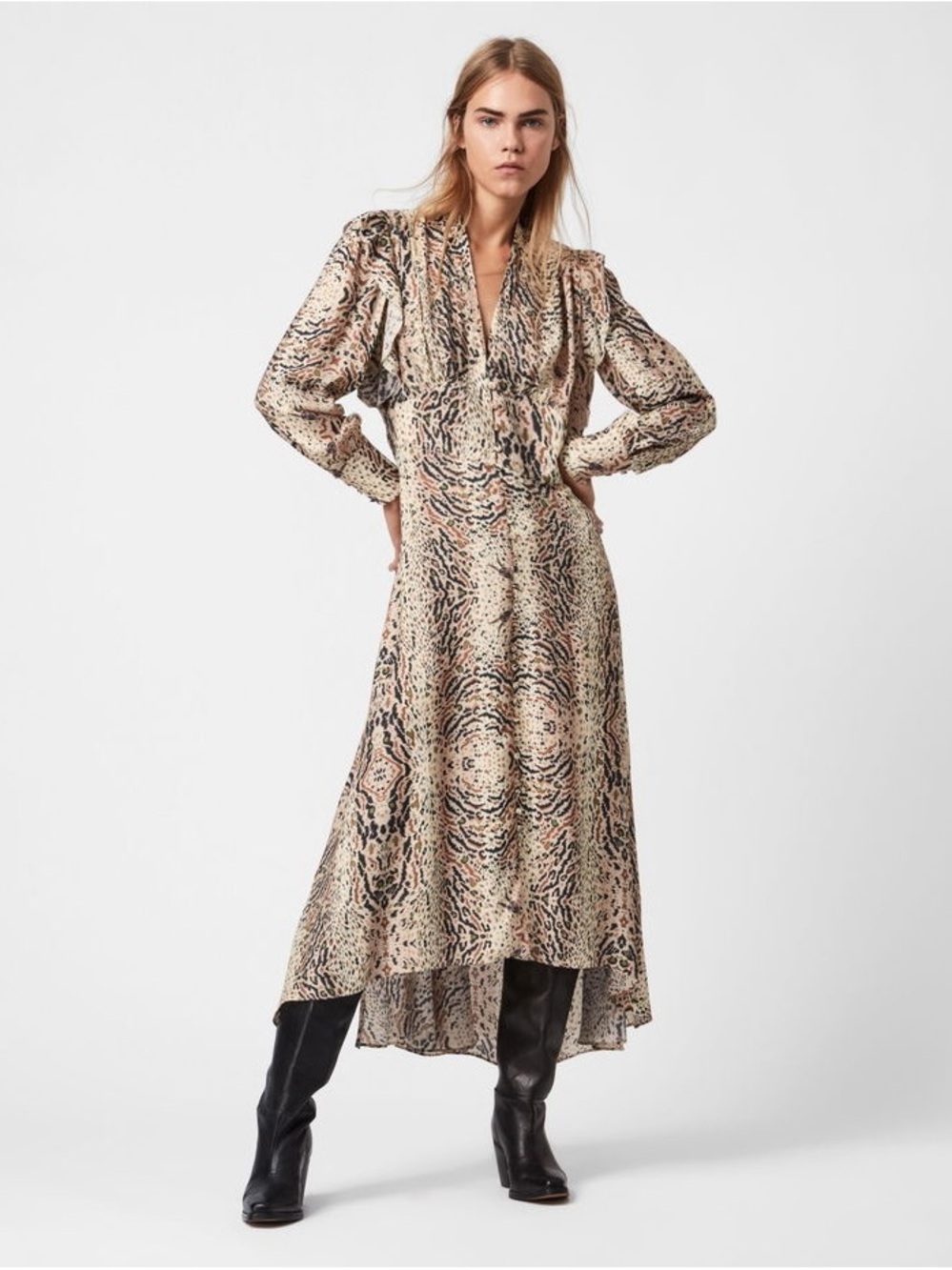 AllSaints Lia Arietta Beige and Black Animal Print Midi Dress